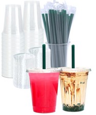 Cappatua 16 oz Clear Plastic Cups with Lids and STRAWS, 50 Piece Set, 16