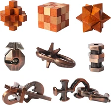 8Pcs Puzzles Toys Wooden and Metal Brain Teaser Puzzles Game for Adults Kids Unl