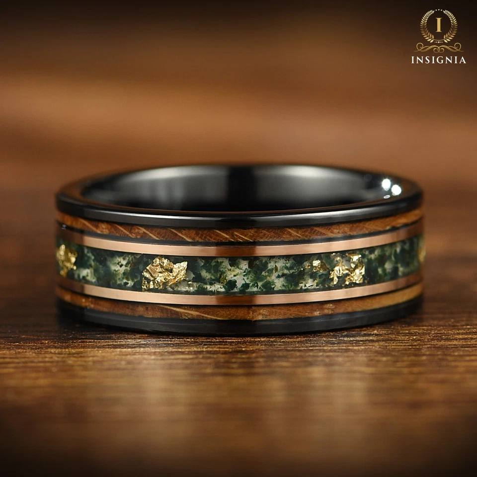 Moss Agate Ring With Whiskey Barrel Wood & Gold Leaf - Unique Men's Wedding Band - Image 2 of 4