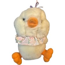 Vintage Yellow CHICK Baby Chicken Bird Plush Pink Ruffle Purple Ribbon Easter 8  