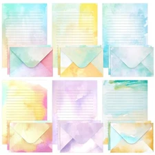Watercolor Stationary Paper and Envelopes Set, 24 PCS Colorful Writing Statio...