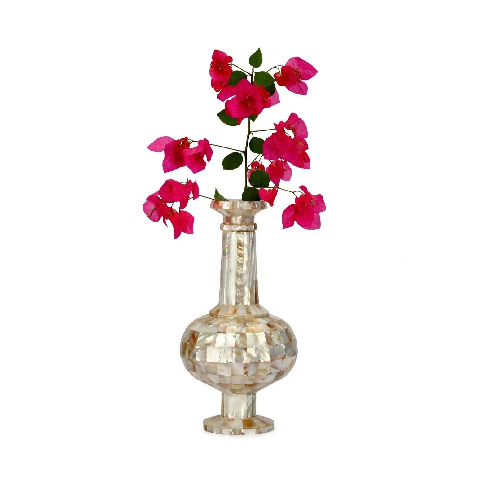 Vaso In Marmo Per Fiori Da 14" Con Pietre Semi Preziose In Madreperla Decorativo
