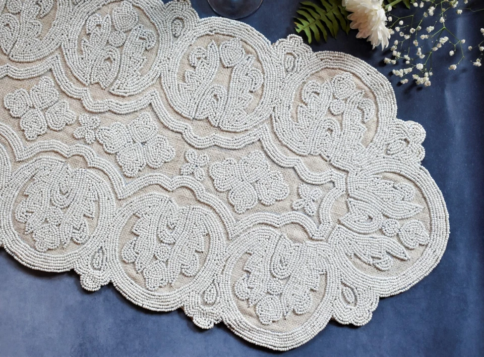 Christmas Beaded Table Runner Designer White Burlap Décor Centerpiece 35x13 In - Image 4 of 4