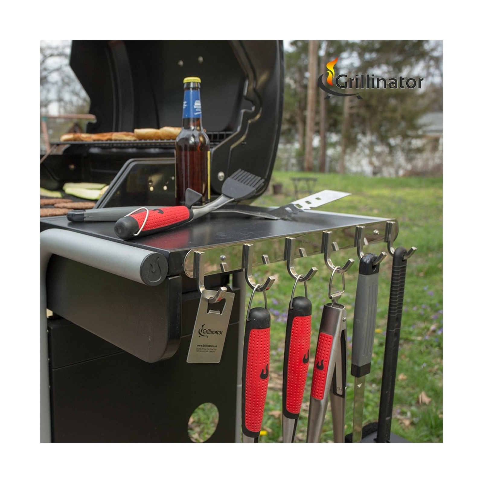 Grillinator BBQ Tool Rack Polished SS 6 Hook Storage Grilling Cooking