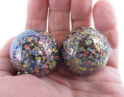 2 BOULDERS 35mm GLITTERBOMB Marbles glass ball Metallic Iridescent Confetti HUGE