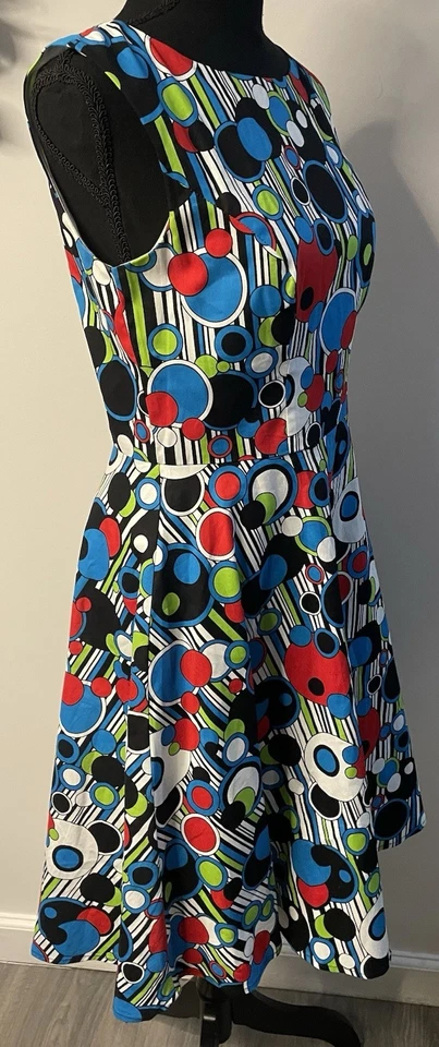 Hanpceirs 1950s-style sleeveless swing dress W/a vibrant mod-style abstract Sz M - Image 3 of 4