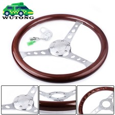 380mm 15 Inch Chrome Dark Steering Wheel 6 Hole Real Wood Grip W Horn Button