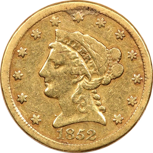 1852 Liberty Head $2.5 Gold Quarter Eagle, Fine F, Ex-Jewelry & Cleaned