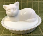Vintage WESTMORELAND Milk Glass Kitten Cat on Basket Candy Dish Trinket Dish