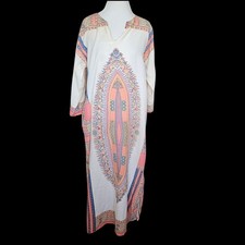 VTG 70s Hippie Boho Kaftan Side Slits Thin African Print Cotton One Size Repaird
