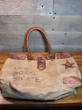 Mona B Tan Canvas Tote Bag w/ Leather Trim + Mini Pouch