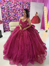 Fuchsia Quinceanera Dresses 3D Flowers Glitter Sweet 15 Ball Gown Vestidos