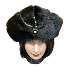 RARE Vintage 1960s Women Brown Mink Fur Pillbox Beret Jeweled Hat Luxury Winter
