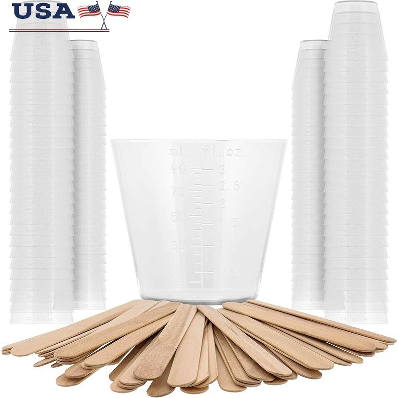 100 Pack Clear Mixing Cups Epoxy Resin Paint Measuring & Mixing Sticks New