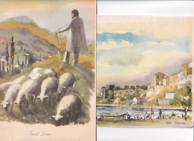 T.S.S. OLYMPIA, GREEK LINE 1961: 2 SREISEKARTEN m. Aquarellen griechische Motive