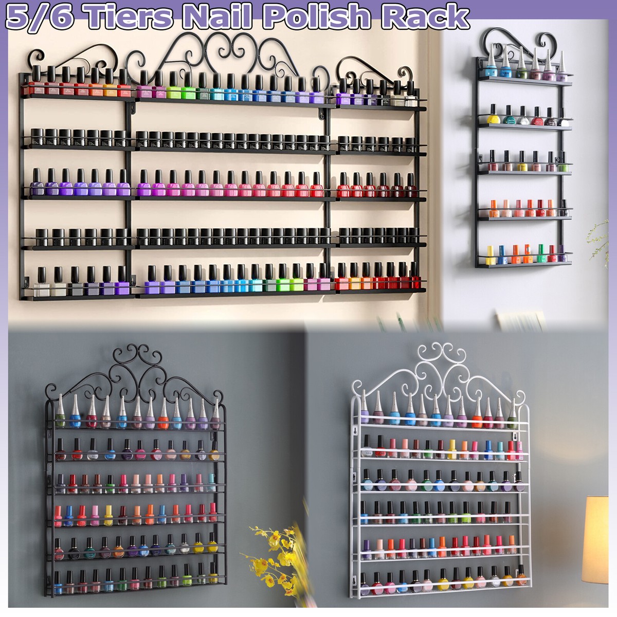 Metal Black Nail Polish Rack Large Display Storage Organizer Wall-mounted