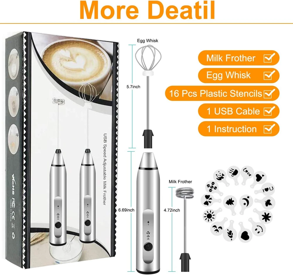 Milk Frother Handheld,  Rechargeable Whisk Drink Mixer for Coffee with Art Stenc