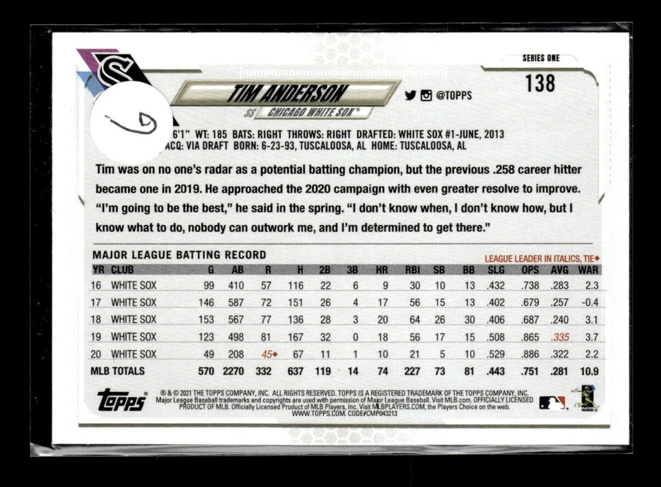 2021 Topps Orange Star Tim Anderson White Sox #138 Print Run of 99 - Image 2 of 2