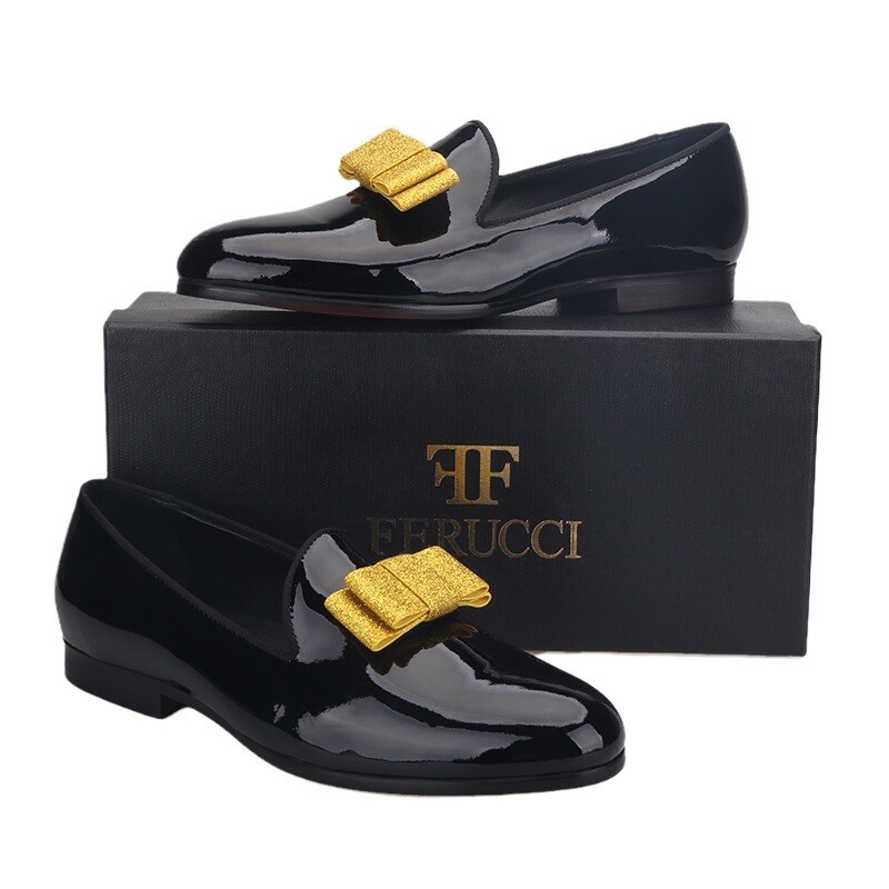 FERUCCI Black Patent Leather Slippers loafers with Gold Bow  display picture 2
