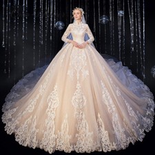 High Neck Wedding Dresses Long Sleeves Appliques Buttons Back Bridal Ball Gowns