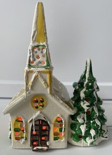 Árbol de iglesia vintage Seymour Mann iluminado campanario cerámica Navidad pueblo de nieve