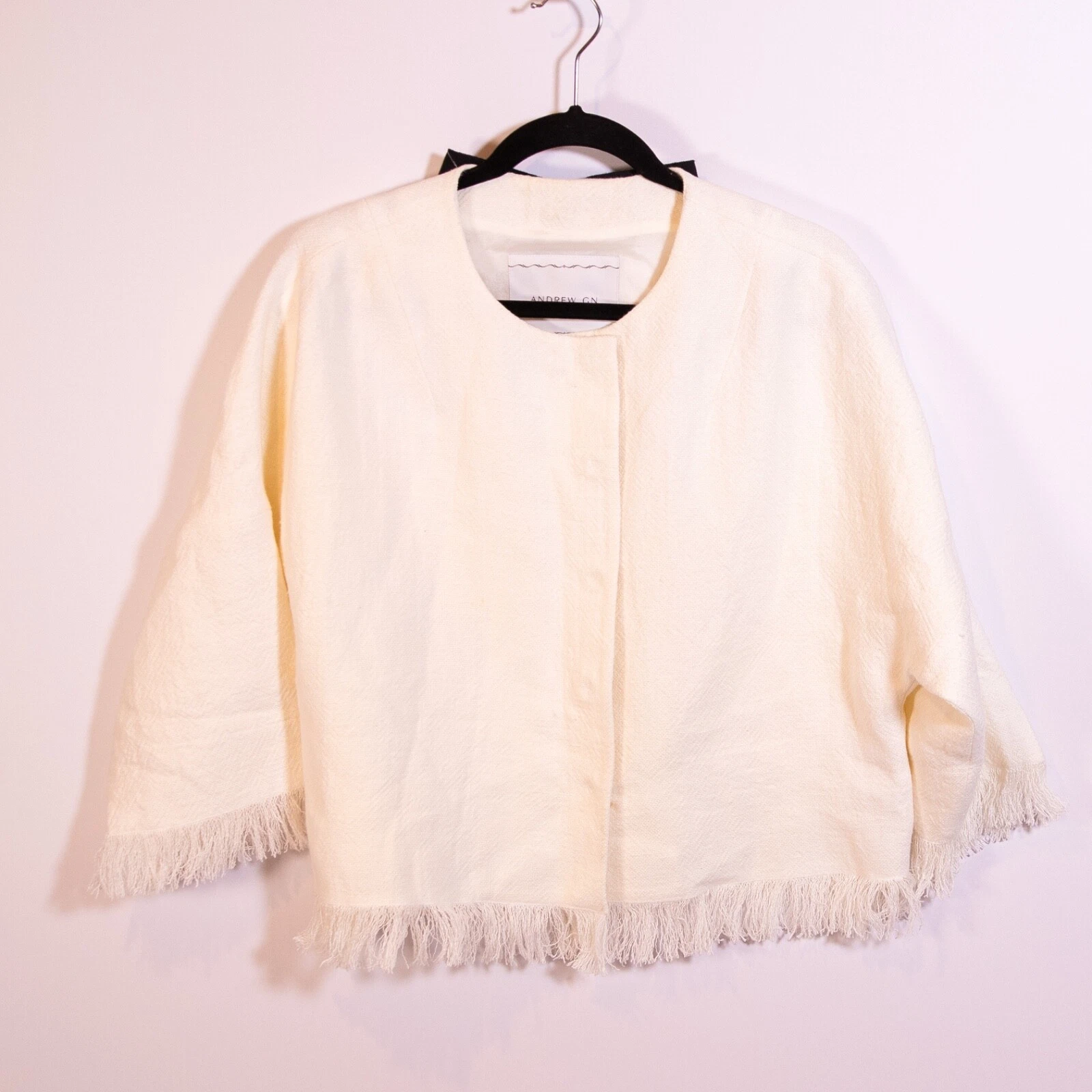 Andrew GN Linen Woven Textured Weave Fringe Snap Button Bow Tie Back Jacket 38