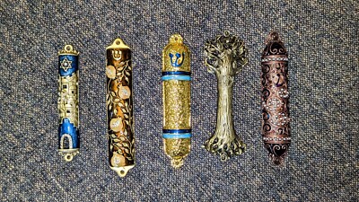 Set Of 5 Metal Mezuzah Hand Made Israeli Style 4'' And 5''