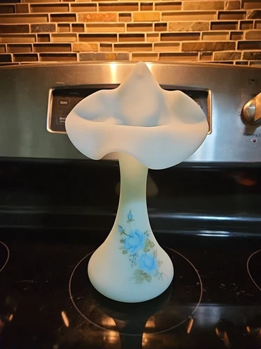 Fenton Blue Satin Jack in the Pulpit Vase w/ Handpainted Blue Roses 11 inches