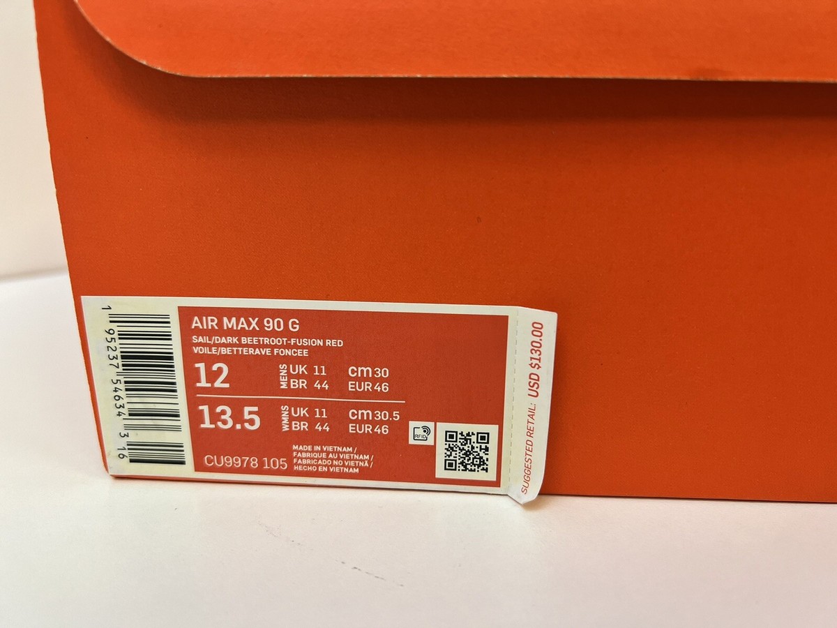 Nike Air Max 90 Golf Sail Dark Beetroot Red CU9978-105 Mens Size
