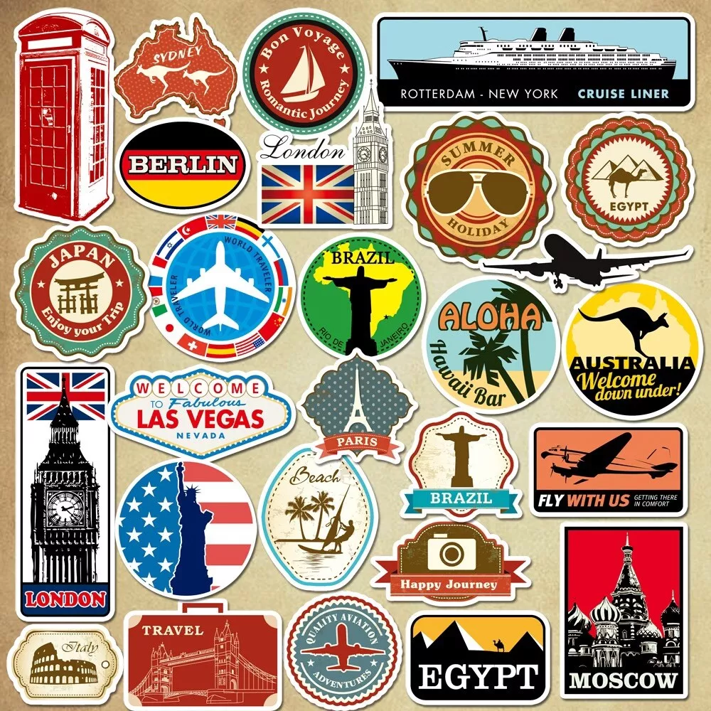 100 Luggage Suitcase Retro Vinyl Stickers Vintage City Names World Travel  UK NEW