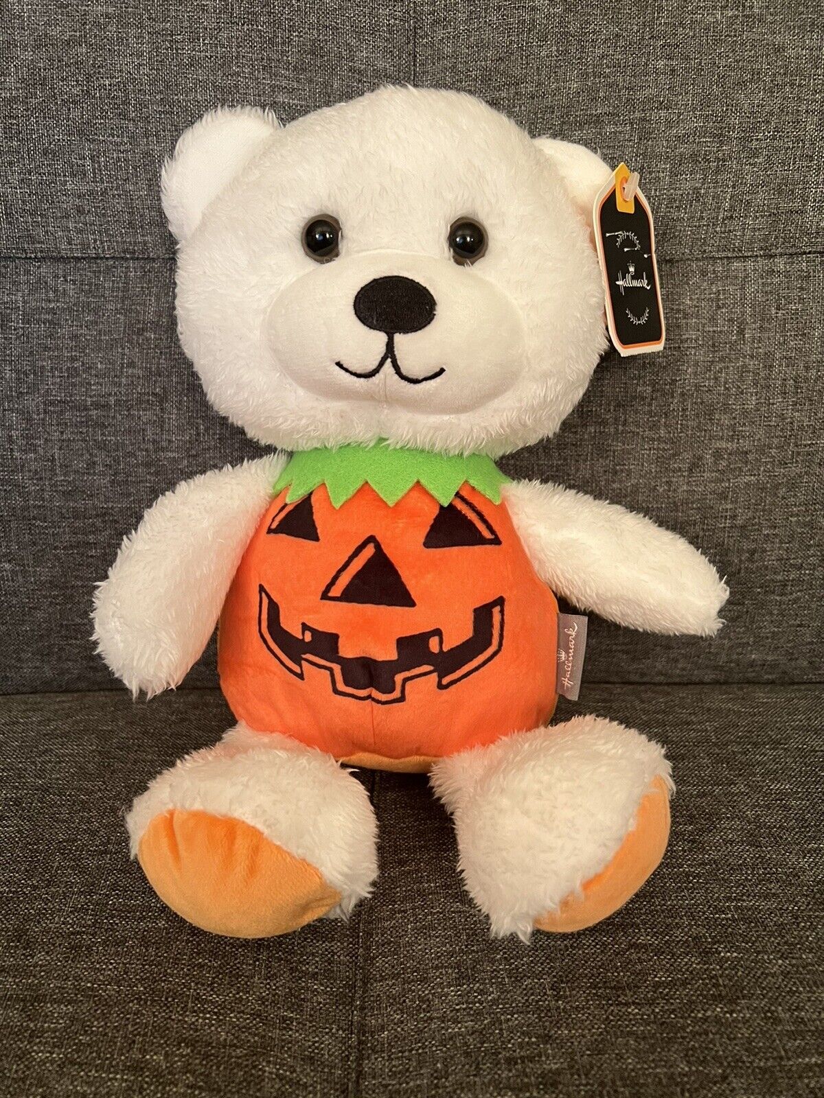 Hallmark Halloween Pumpkin Jack O Lantern White Teddy Bear Plush