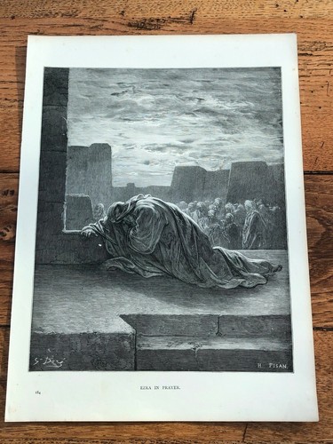 dore gallery print from the 1870s : ezra in prayer  ! 