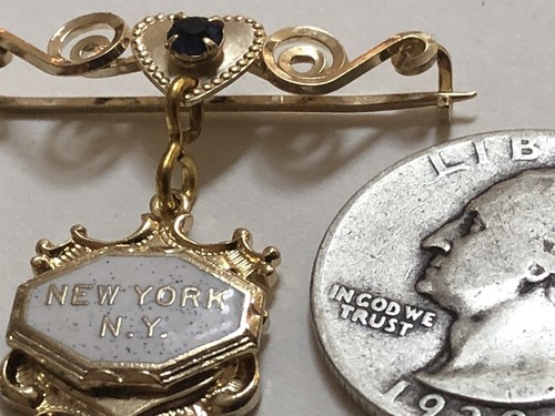 Spilla a cuore vintage anni '40 NEW YORK CITY souvenir filo intrecciato con strass - Foto 3 di 3