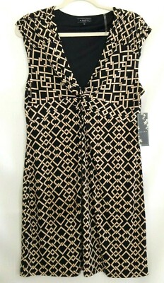 Kiara Black and Beige Dress Stretch Sleeveless Ruched Shoulder/Chest L New