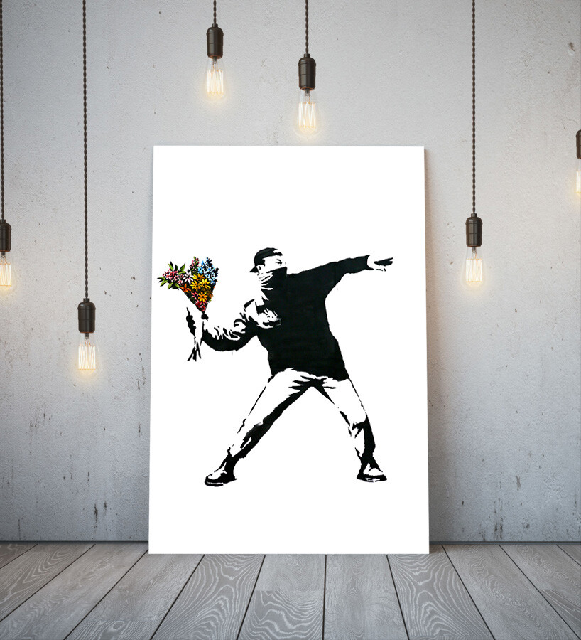 BANKSY FLOWER BOMBER- DEEP FRAMED CANVAS WALL ART GRAFFITI PRINT- BLACK  WHITE