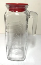 Vintage Covetro Ribbed Glass Pitcher, with Red Lid, 1 Quart