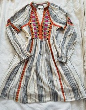 Anthropologie Striped Embroidered V-Neck Long Sleeve A-Line Short Dress XS