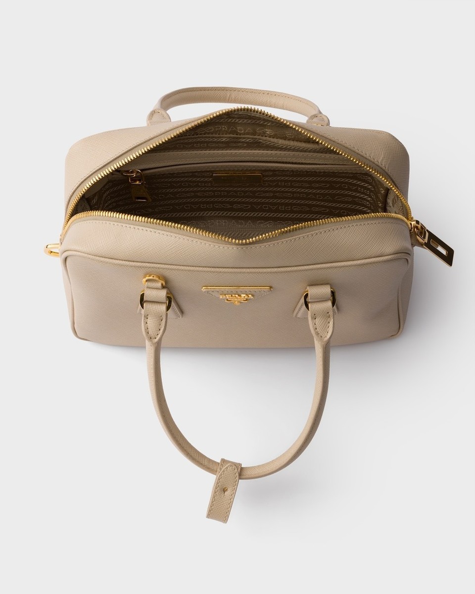 PRADA Saffiano Small $3750 Travertine Stone Top Handle Bag New