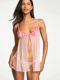 Victoria's Secret Dream Angels Pink Hearts and Roses Embroidery Babydoll Set XL