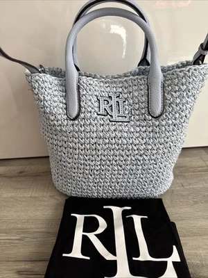 New Lauren Ralph Lauren Leather logo Blue Straw Adley Medium Tote Bag RRP £215 - Image 1 of 4