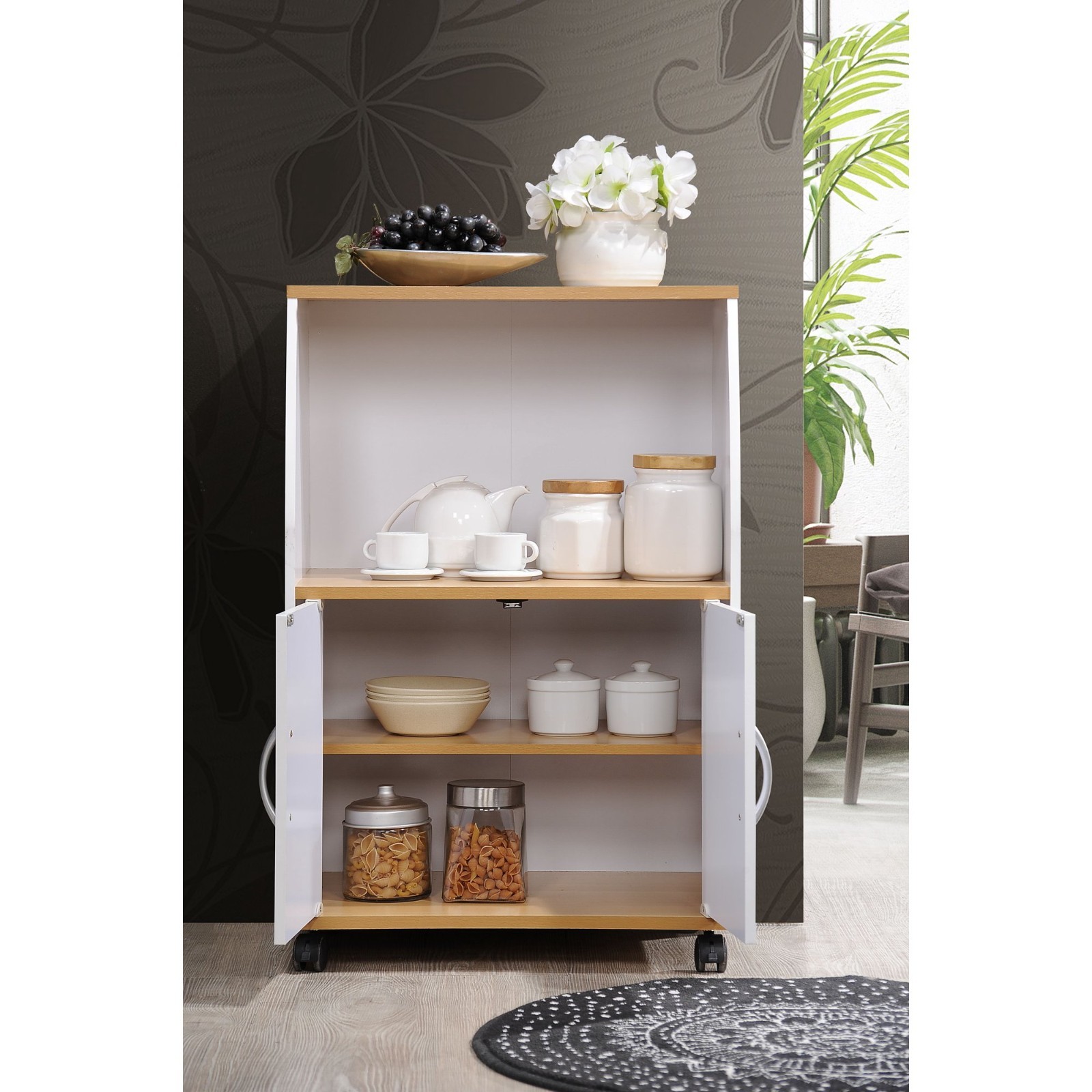 Hodedah Modern Wooden Microwave Kitchen Cart in White Finish