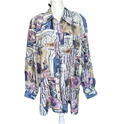Vintage Tess 100% Silk Shirt Blouse ButtonUp Medium Teapot Abstract Artsy Flowy