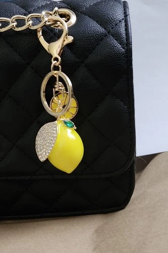 Lemon Yellow Bag Charm Keychain Tassel Gold Crystal Purse Charm Rhinestones New