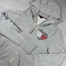 TOMMY HILFIGER TH GRAY Cotton Hoodie Blue Red Crystal Heart Womens Size Medium