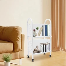 2Tiers Library Book Storage Cart Rolling Book Truck Book Cart W/ Handle+4 Wheels