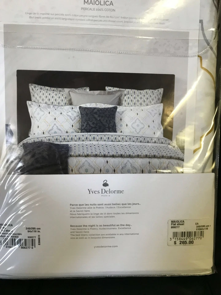 NUEVO CON ETIQUETAS Sábana Ajustable Yves Delorme Maiolica Queen Geométrica Azul Blanco Algodón Percal Foto 4 de 4