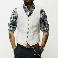 Men Linen Stripe British Style Business Vest Button Sleeveless Waistcoat S-5XL