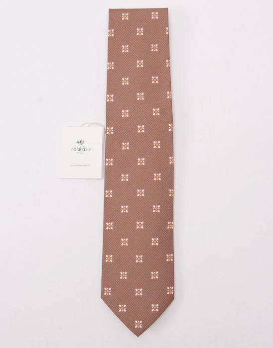 NUEVO CON ETIQUETAS $225 BORRELLI NAPOLI Corbata de seda con estampado floral de medallón marrón cacao hecha a mano Foto 2 de 3