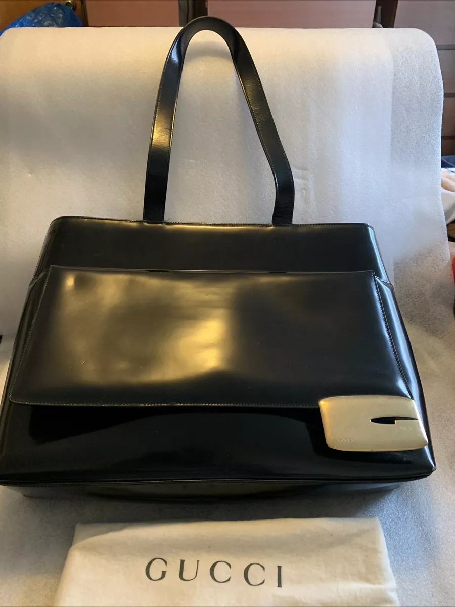 authentic vintage gucci Flap Black Patent Leather Big Bag With Gold Logo