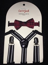 Cat  Jack Suspenders And Bow Tie Set Baby 6-12 Months Red Plaid Black White NWT
